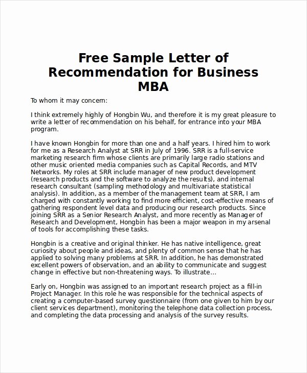 Recommendation Letter for Mba Inspirational 6 Sample Mba Re Mendation Letters Pdf Word