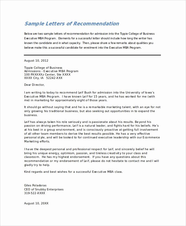 Recommendation Letter for Mba Program Fresh 7 College Re Mendation Letter Samples