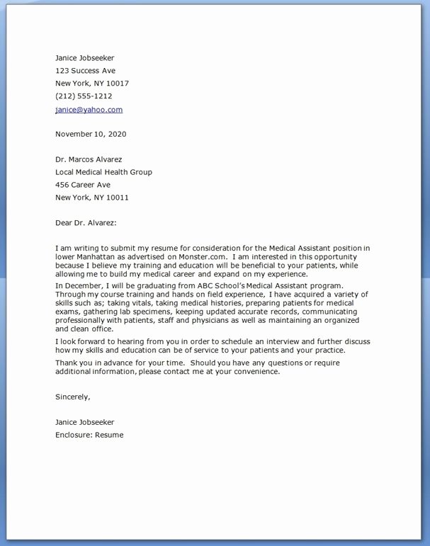 Recommendation Letter for Medical assistant Awesome Cover Letter for Medical assistant