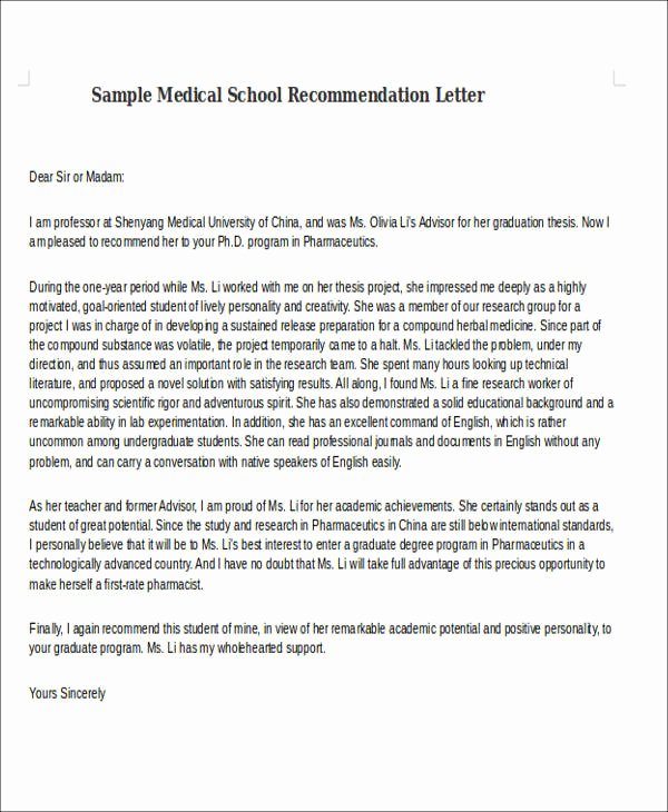 Recommendation Letter for Medical School Lovely 8 Medical School Re Mendation Letter Free Sample