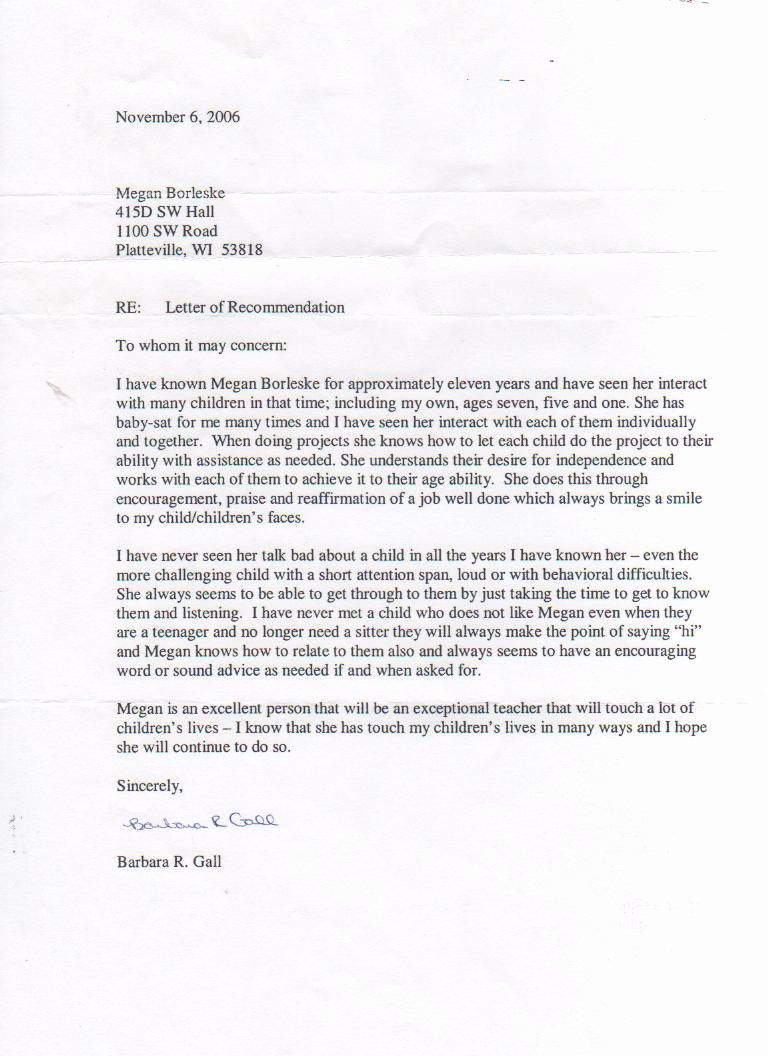 Recommendation Letter for Nanny Unique Megan K Smith Letters Of Reference and Evaluations