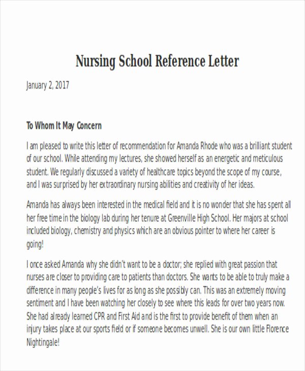 letter of re mendation for nursing school template