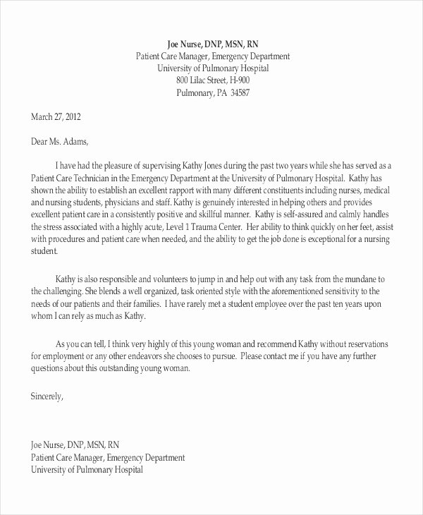Recommendation Letter for Nursing School Beautiful 19 Professional Reference Letter Template Free Sample