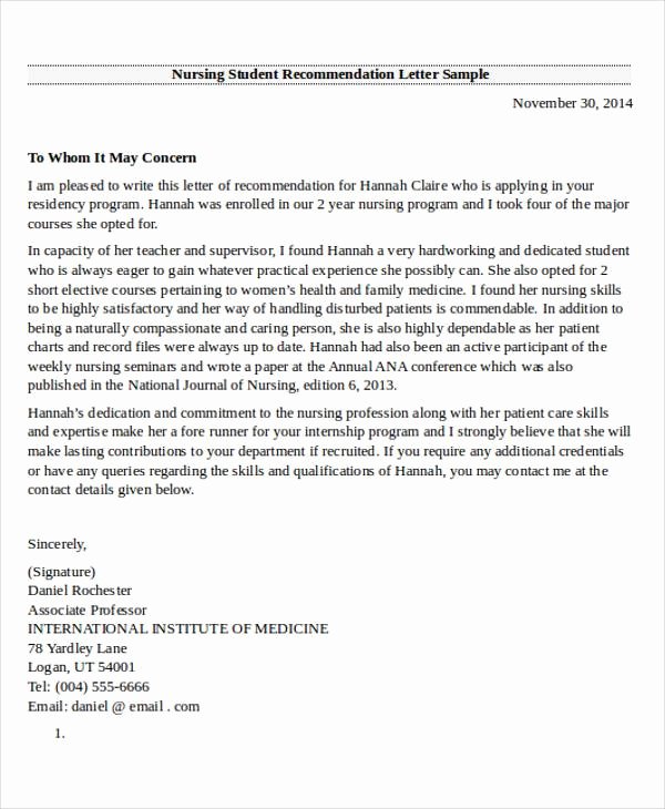 Recommendation Letter for Nursing School Elegant 28 Re Mendation Letter Examples