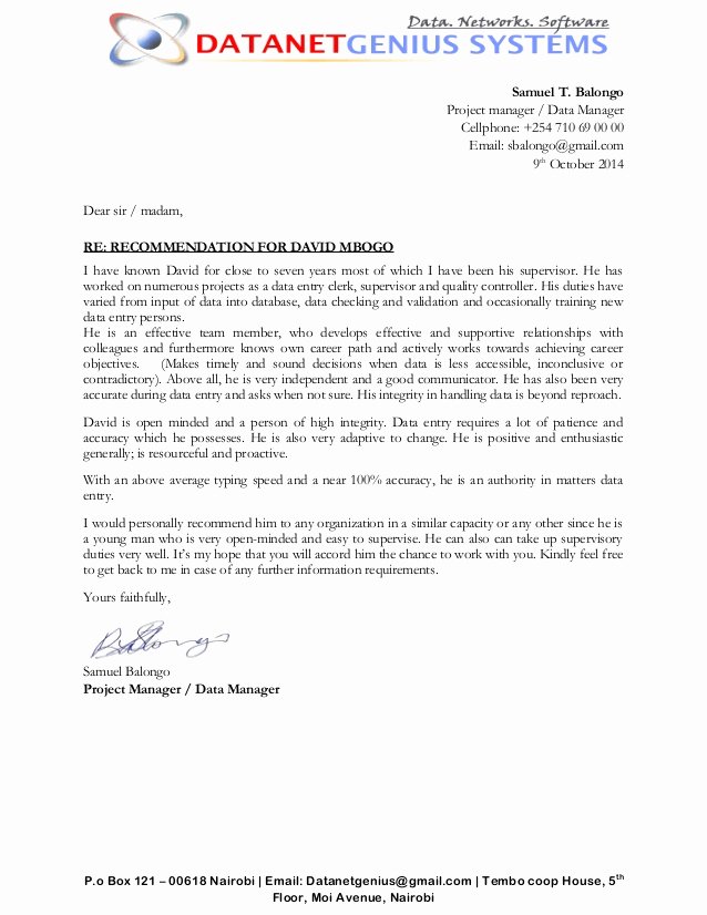 Recommendation Letter for Project Manager Best Of David Mbogo Re Mendation Letter Data Entry