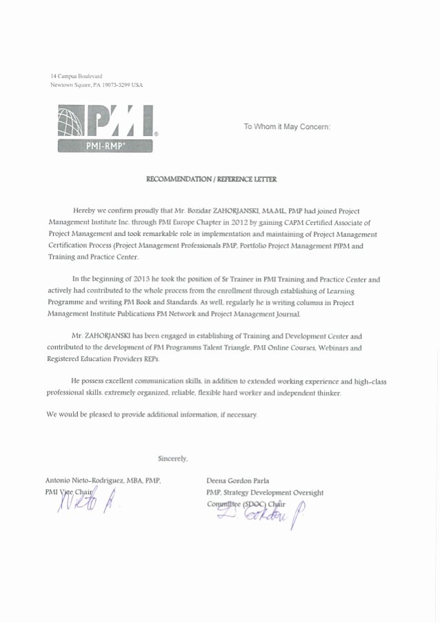 Recommendation Letter for Project Manager Fresh Bz Pmi Project Management Institute Letter Of Reference