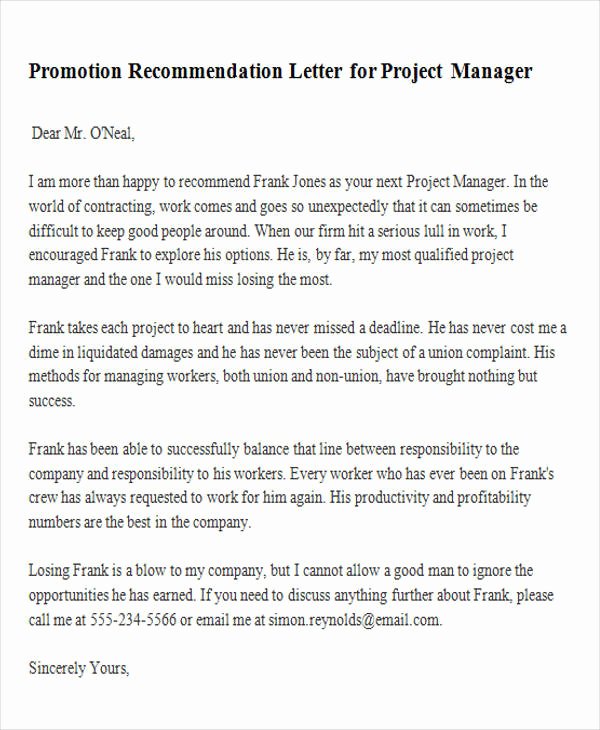 Recommendation Letter for Project Manager New 11 Sample Promotion Re Mendation Letter Free Sample
