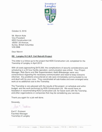 Recommendation Letter for Project Manager New Earl F Erickson Facilities Manager township Of Langley