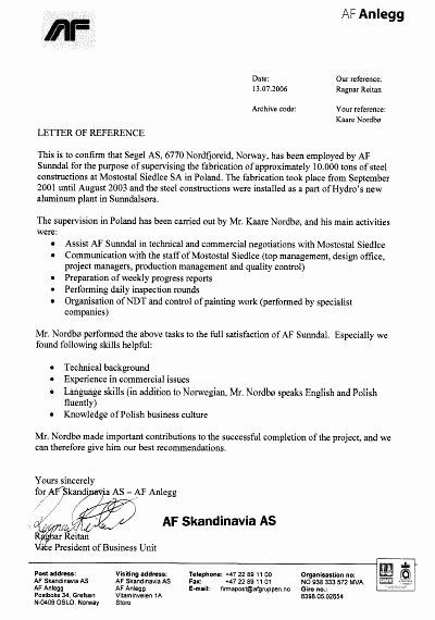 Recommendation Letter for Project Manager New Hydro Aluminium Sunndal Upgrade Project