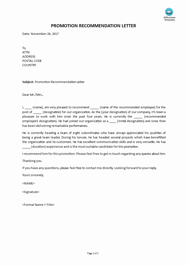 Recommendation Letter for Promotion New Free Promotion Re Mendation Letter