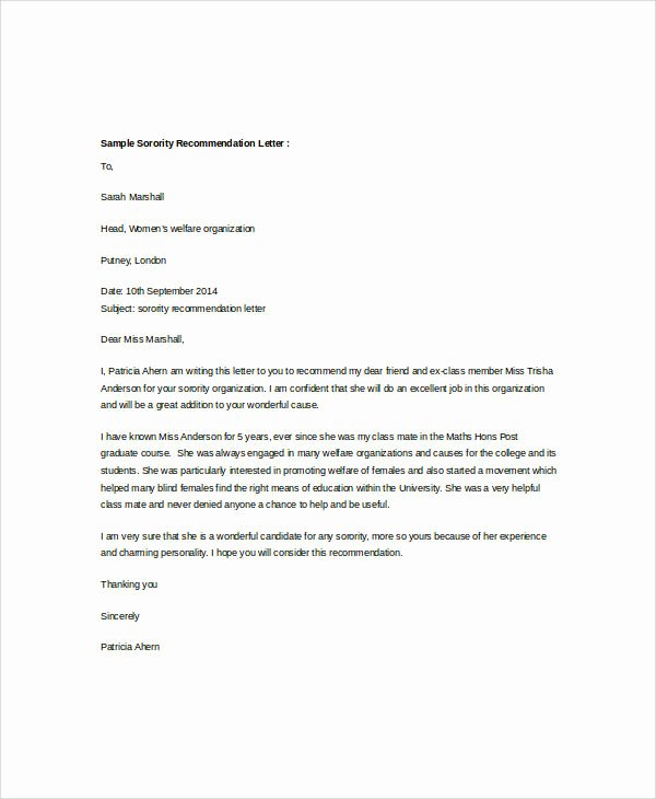 Recommendation Letter for sorority Awesome Examples Of Re Mendation Letter