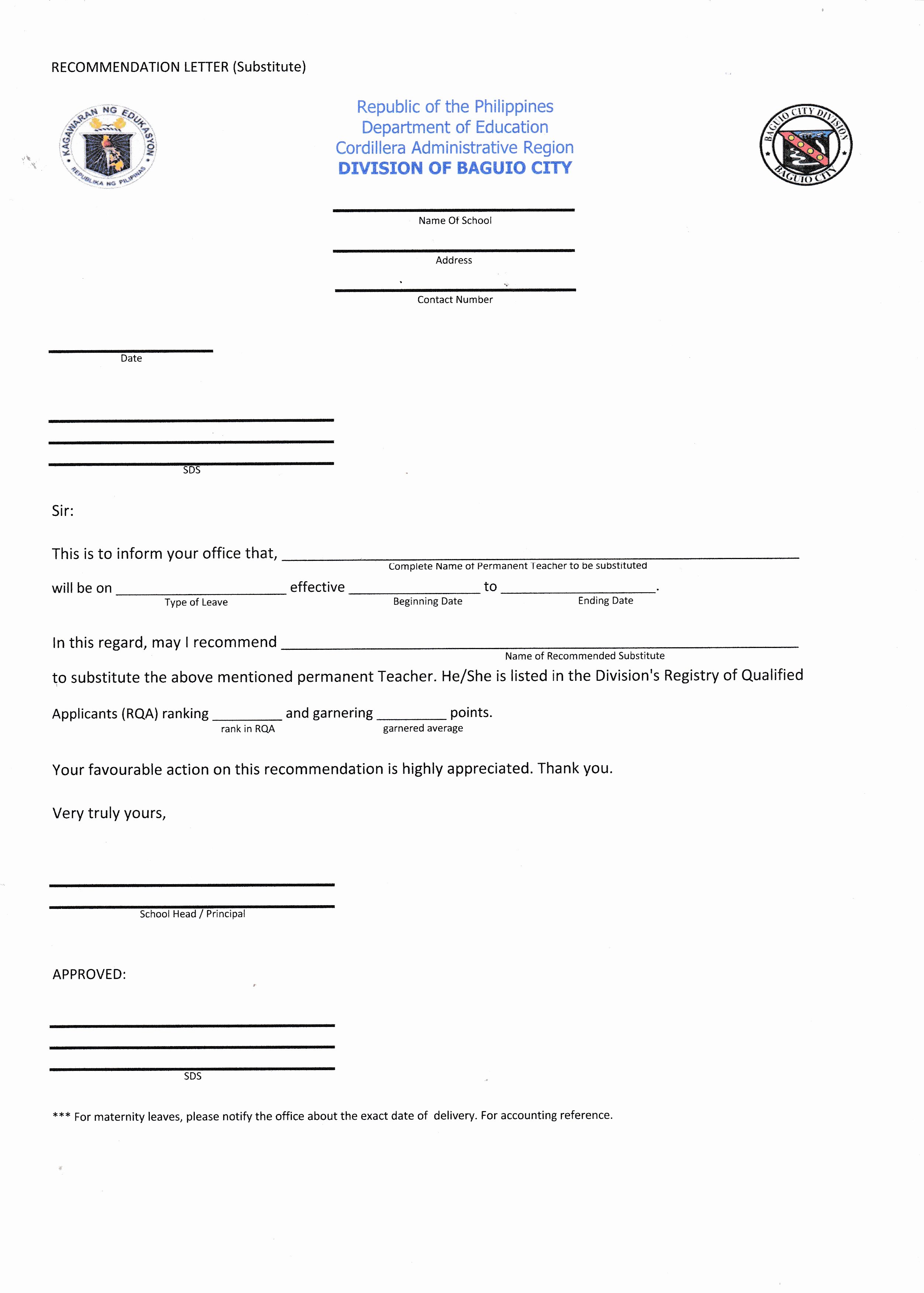 Recommendation Letter for Substitute Teacher Inspirational Re Mendation Letter Template for Substitute — Deped