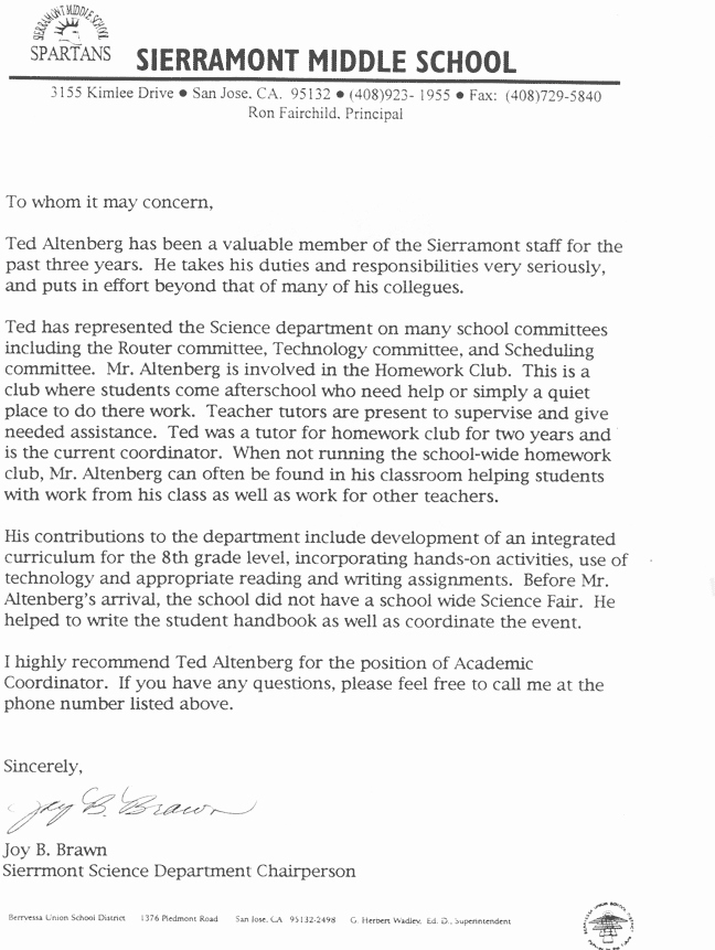 Recommendation Letter for Teacher Colleague Lovely Edward &quot;ted&quot; Altenberg Education Resume