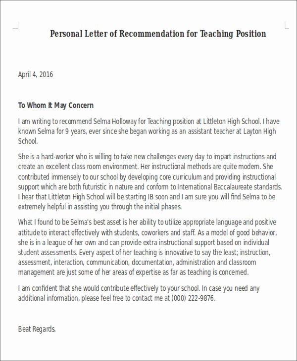Recommendation Letter for Teaching assistant Inspirational 6 Sample Letter Of Re Mendation for Teaching Position