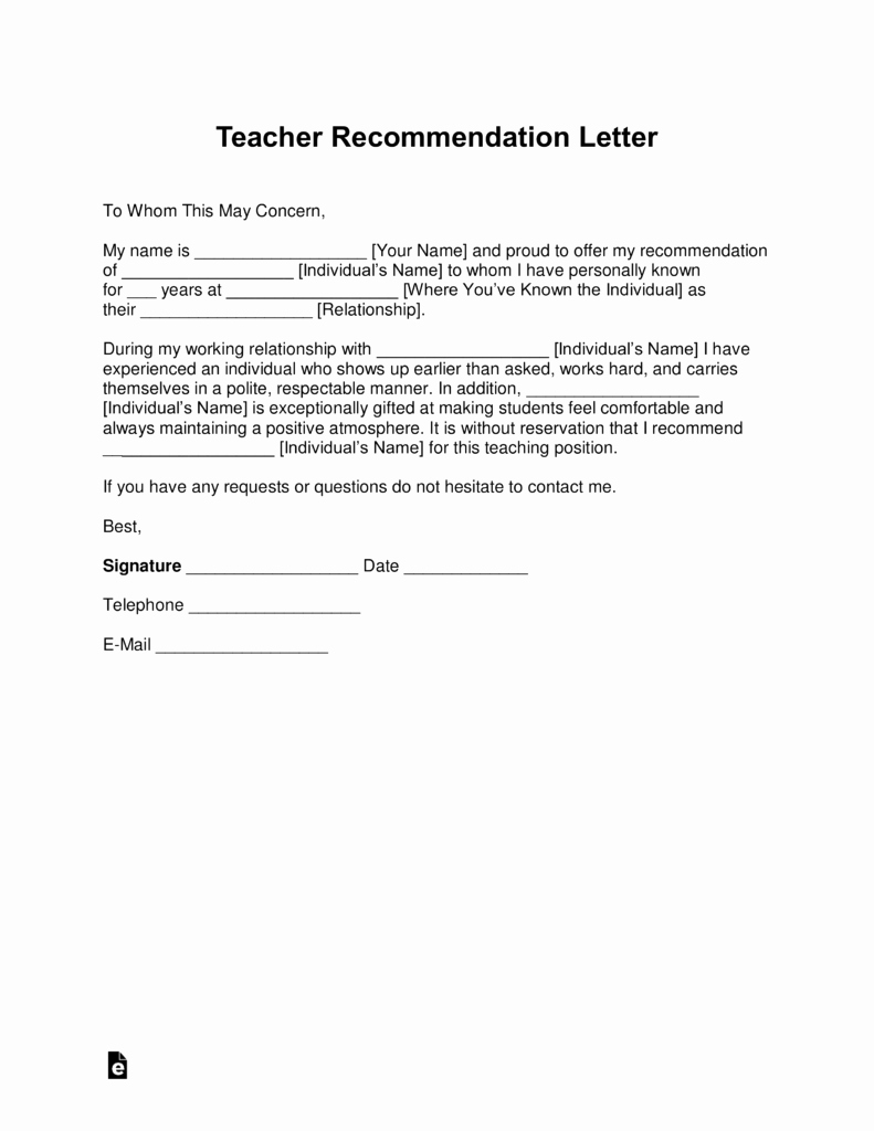 Recommendation Letter for Tutor Fresh Free Teacher Re Mendation Letter Template with Samples