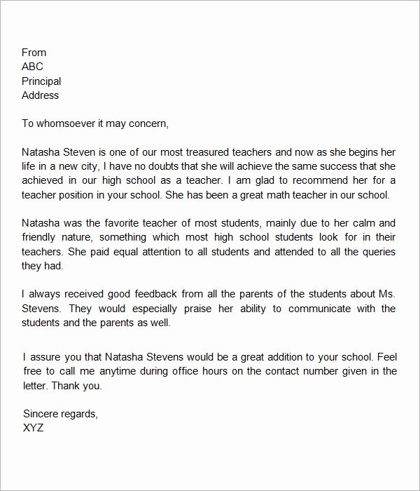 Recommendation Letter Sample for Teacher Awesome Free Sample Letters format Examples and Templates