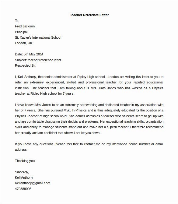 Recommendation Letter Template for Teacher Awesome Free Reference Letter Templates 24 Free Word Pdf