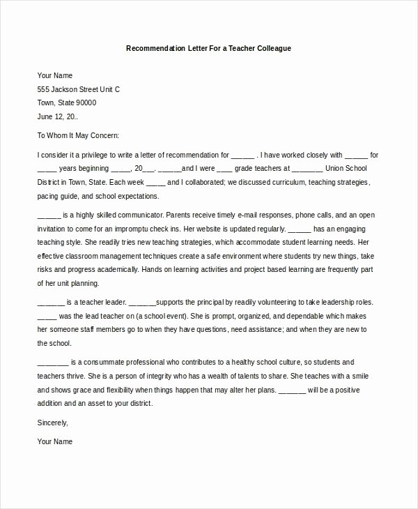 Recommendation Letter Template for Teacher Lovely Colleague Re Mendation Letter April themarch Co