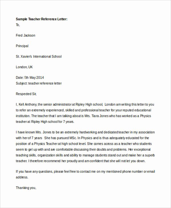 Recommendation Letter Template for Teacher Unique 7 Teacher Reference Letters Free Samples Examples