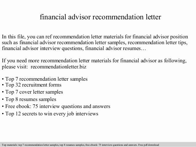 Recommendation Thank You Letter Beautiful Financial Advisor Re Mendation Letter
