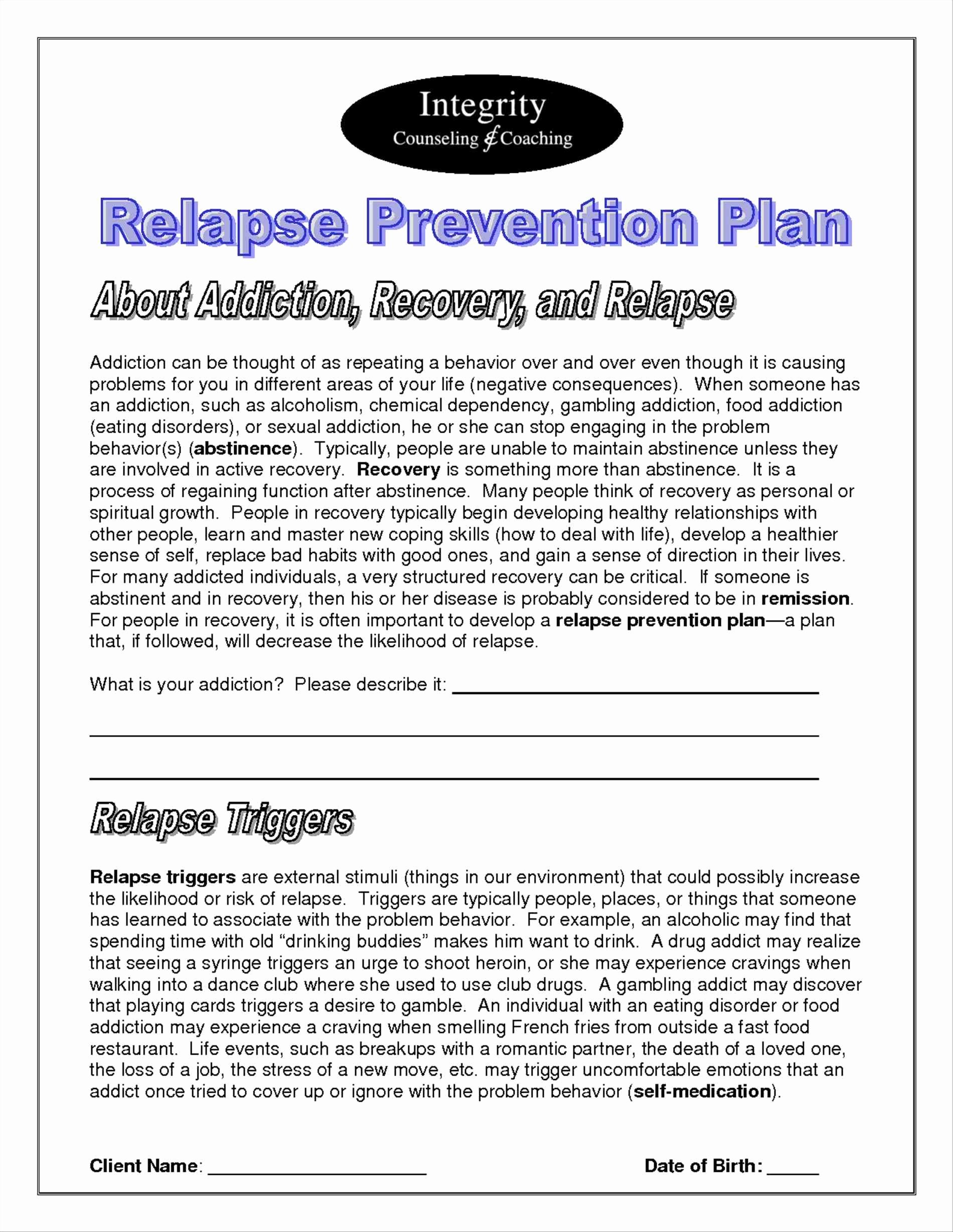 Relapse Prevention Plan Template New Relapse Prevention Plan Worksheet Worksheets