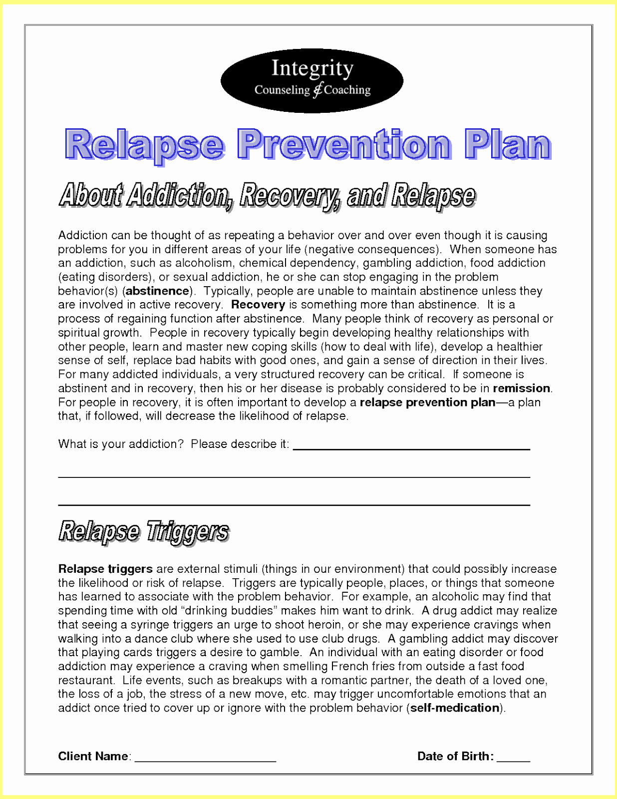 Relapse Prevention Plan Template Pdf Beautiful Relapse Prevention Plan Template