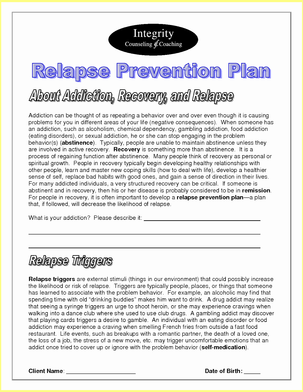 Printable Relapse Prevention Worksheets Pdf Customize And Print