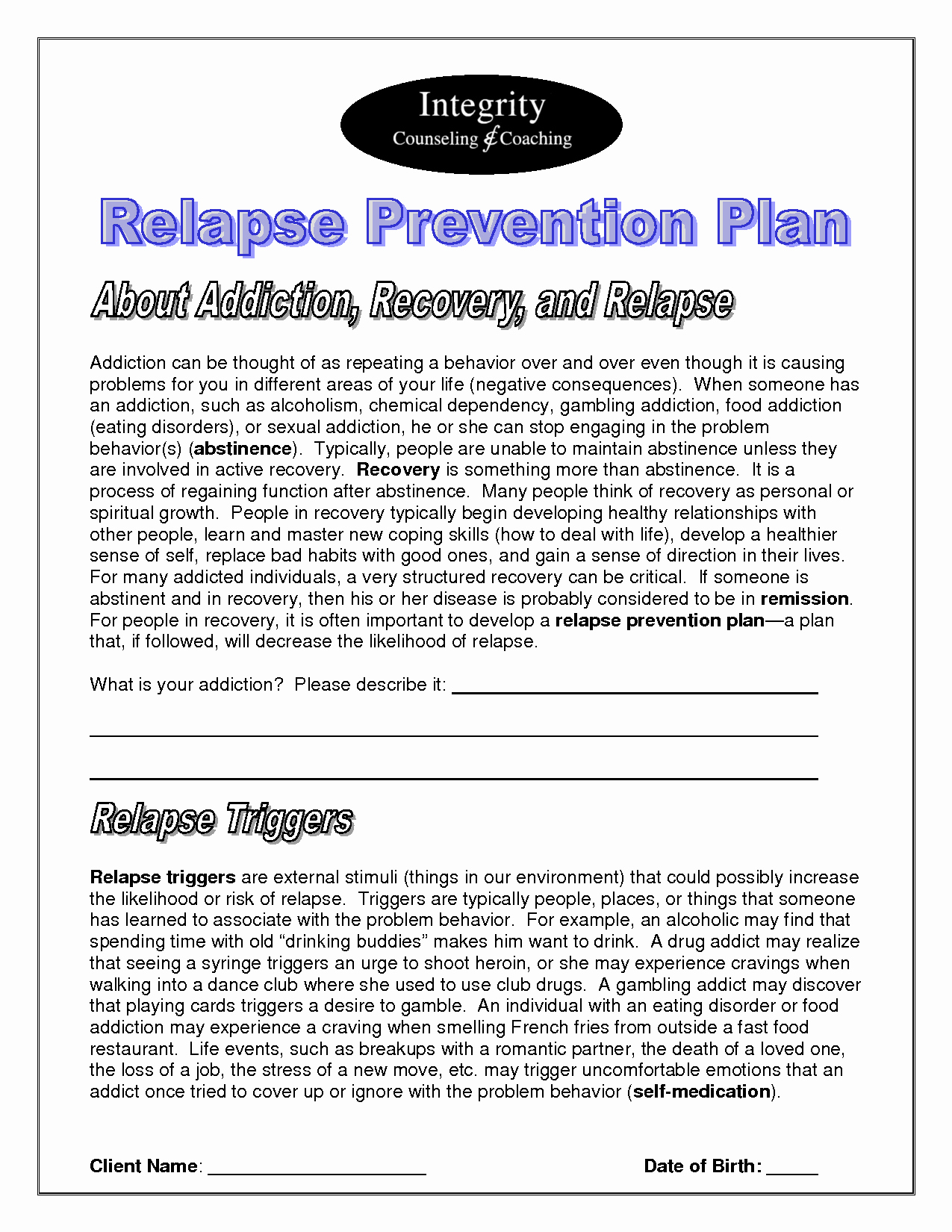 Relapse Prevention Plan Template Pdf Unique Relapse Prevention Plan Doc social Work