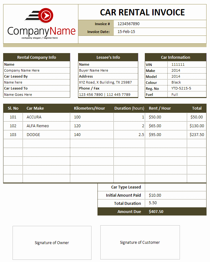 Rent Invoice Template Pdf Awesome Car Rental and Sales Invoice