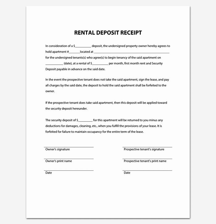Rental Deposit Receipt Template New Rent Receipt Template 9 forms for Word Doc Pdf format
