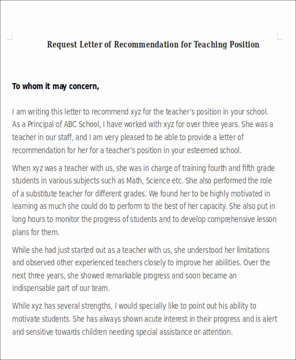 Request Letter Of Recommendation Sample Unique 6 Sample Letter Of Re Mendation for Teaching Position