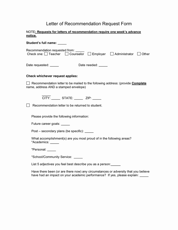 Requesting A Letter Of Recommendation New Letter Of Re Mendation Request form In Word and Pdf formats