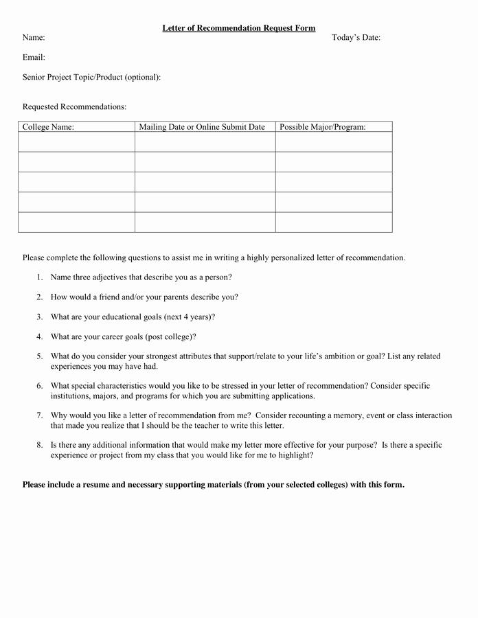 Requesting for Letter Of Recommendation Awesome Letter Of Re Mendation Request form In Word and Pdf formats