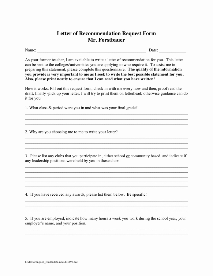Requesting for Letter Of Recommendation Awesome Letter Of Re Mendation Request form In Word and Pdf formats