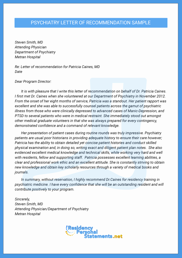 Residency Letter Of Recommendation New Residency Lor Samples — Psychiatry Letter Of