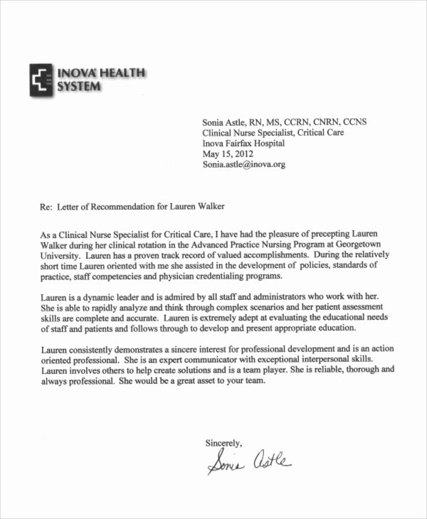Rn Letter Of Recommendation Unique 8 Sample Nursing Re Mendation Letter Free Sample