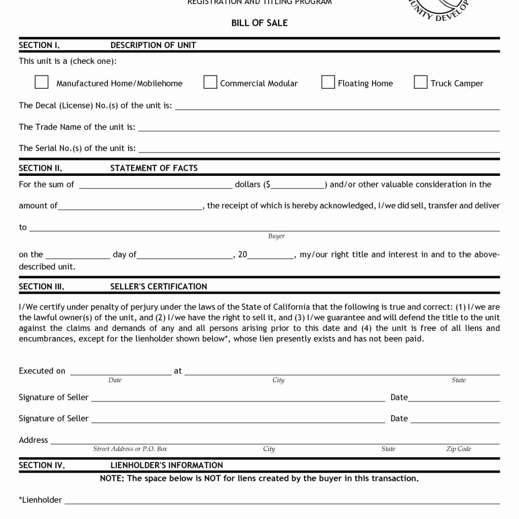 Rv Purchase Agreement Template Awesome Bill Of Sale form Texas Rv and Rv Purchase Agreement