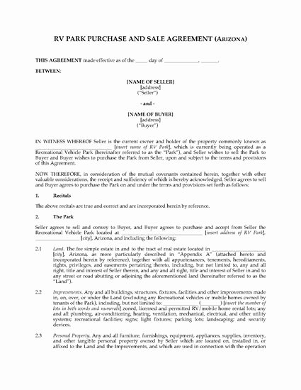 Rv Purchase Agreement Template Lovely Arizona Rv Park Purchase and Sale Agreement