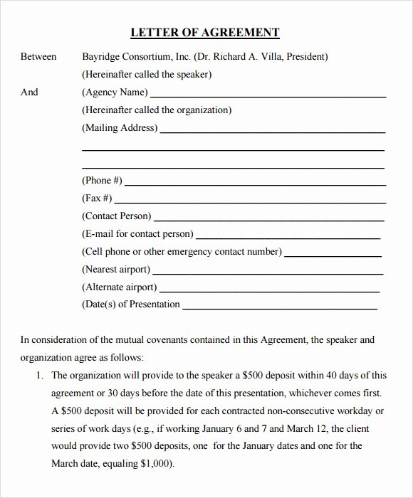 Sample Agreement Letter Between Two Parties Lovely Letter Of Agreement – 8 Free Samples Examples format