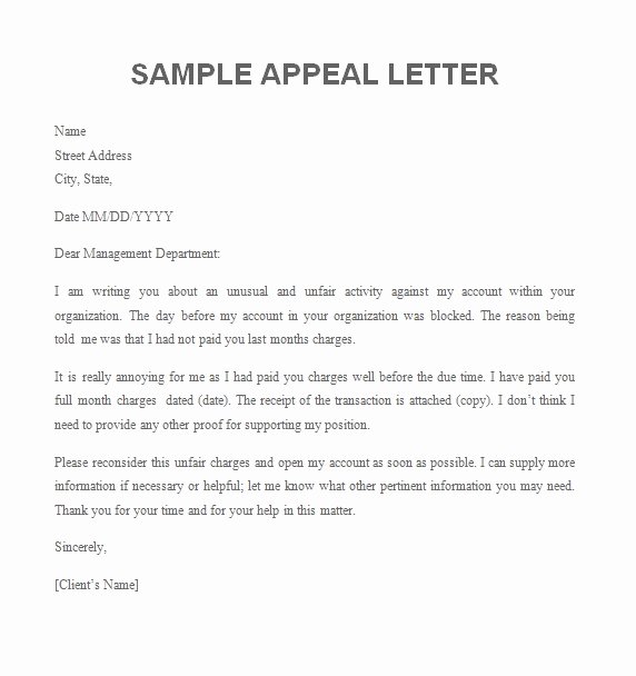 Sample Appeal Letter format Best Of Appeal Letter Free Sample Letters