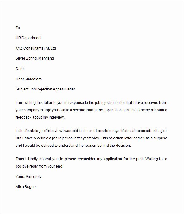 Sample Appeal Letter format New Job Rejection Letter 6 Free Doc Download
