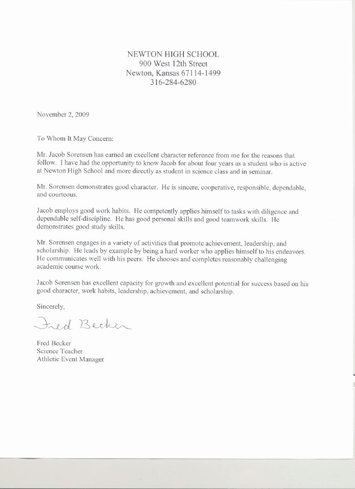 Sample High School Recommendation Letter Awesome Reference Letter From Fred Becker