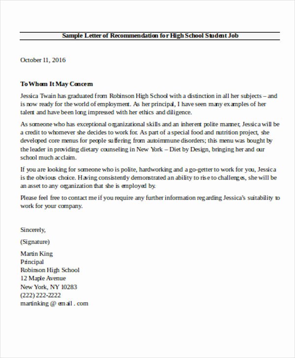 Sample High School Recommendation Letter Unique High School Re Mendation Letter Sample 9 Examples In