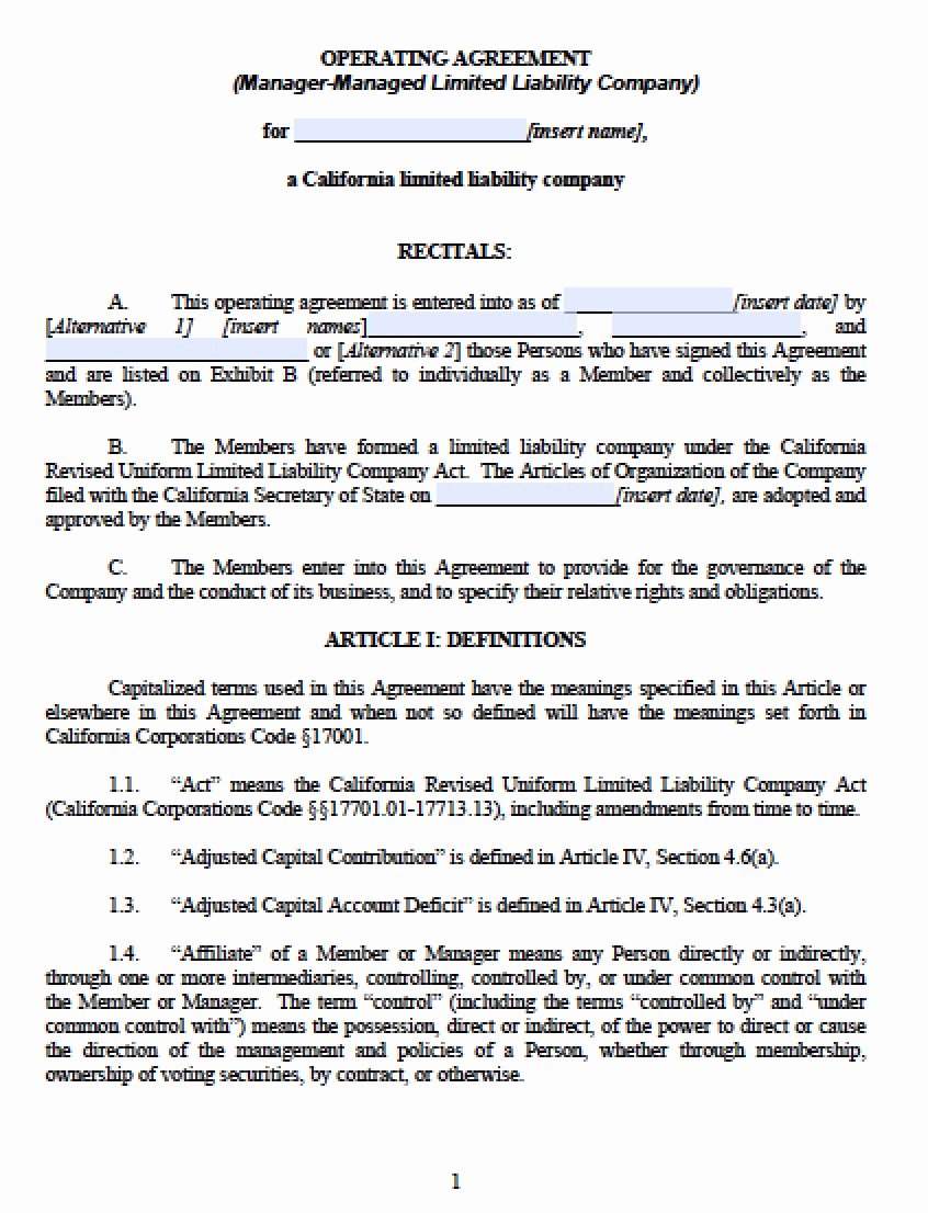 california multi member llc operating agreement