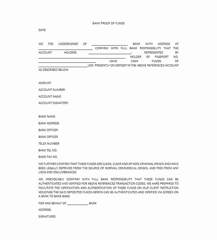 Sample Proof Of Funds Letter Template Awesome 25 Best Proof Of Funds Letter Templates Template Lab
