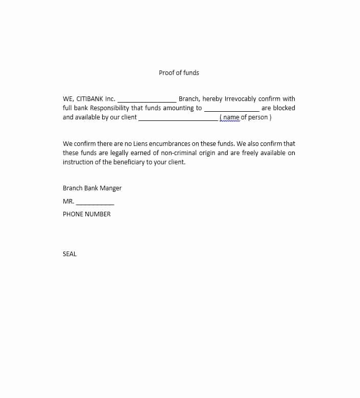 Sample Proof Of Funds Letter Template Awesome 25 Best Proof Of Funds Letter Templates Template Lab