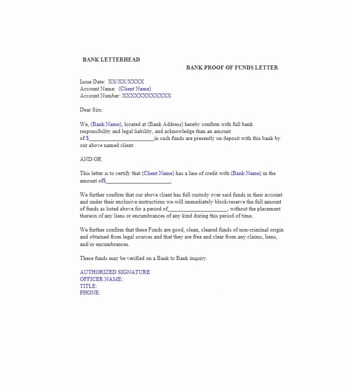 Sample Proof Of Funds Letter Template Best Of 25 Best Proof Of Funds Letter Templates Template Lab