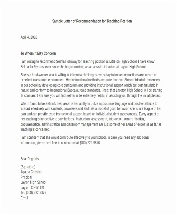 Sample Recommendation Letter for Teacher Beautiful Letter Of Re Mendation Sample 10 Free Documents In