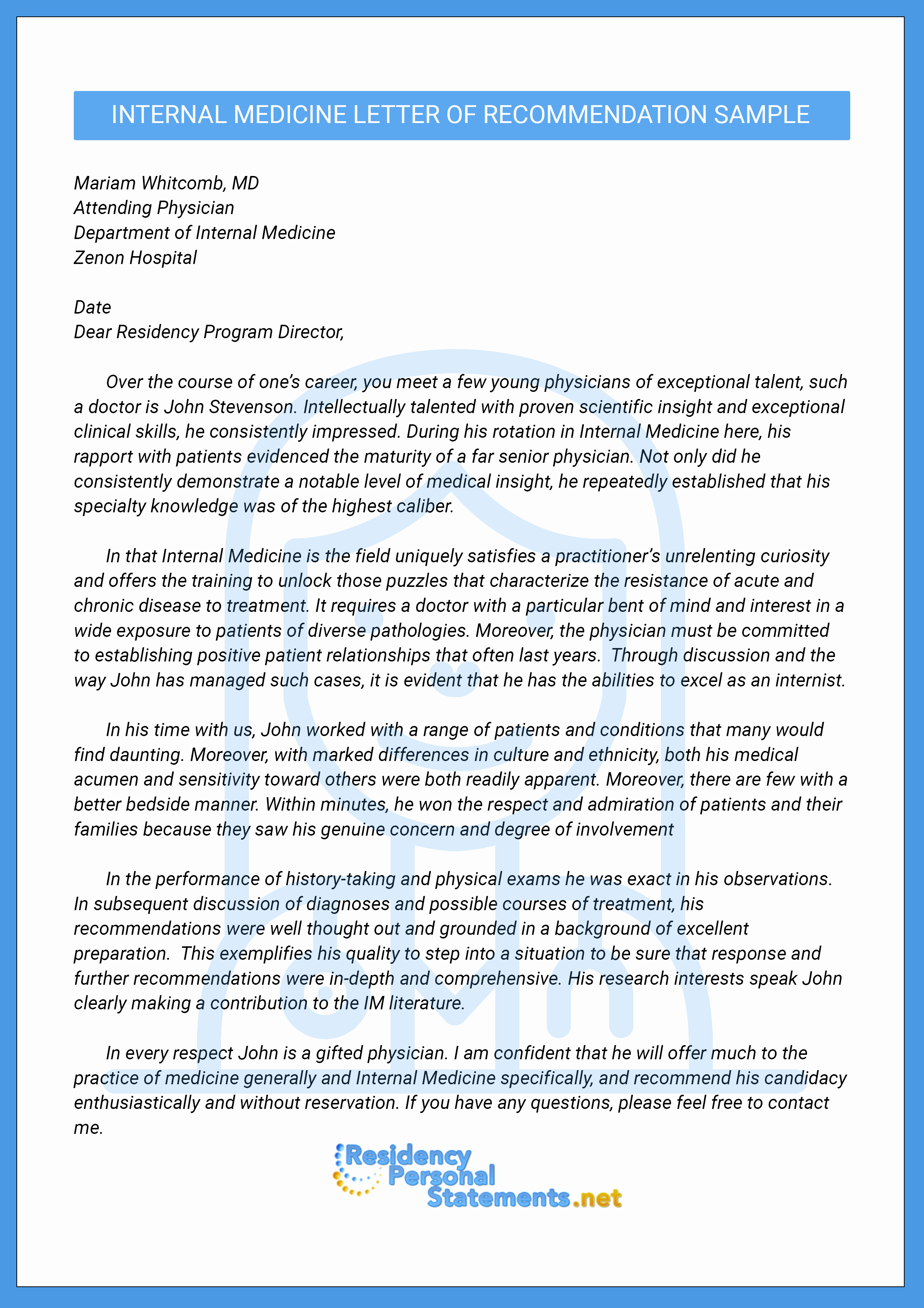 Sample Residency Letter Of Recommendation Beautiful Letter Of Re Mendation for Internal Medicine Residency