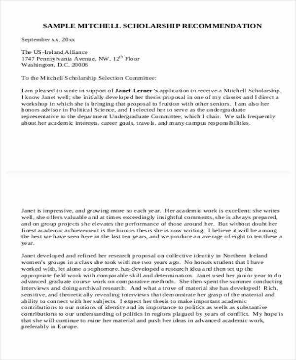 Sample Scholarship Recommendation Letter Unique 9 Scholarship Re Mendation Letter Samples &amp; Templates